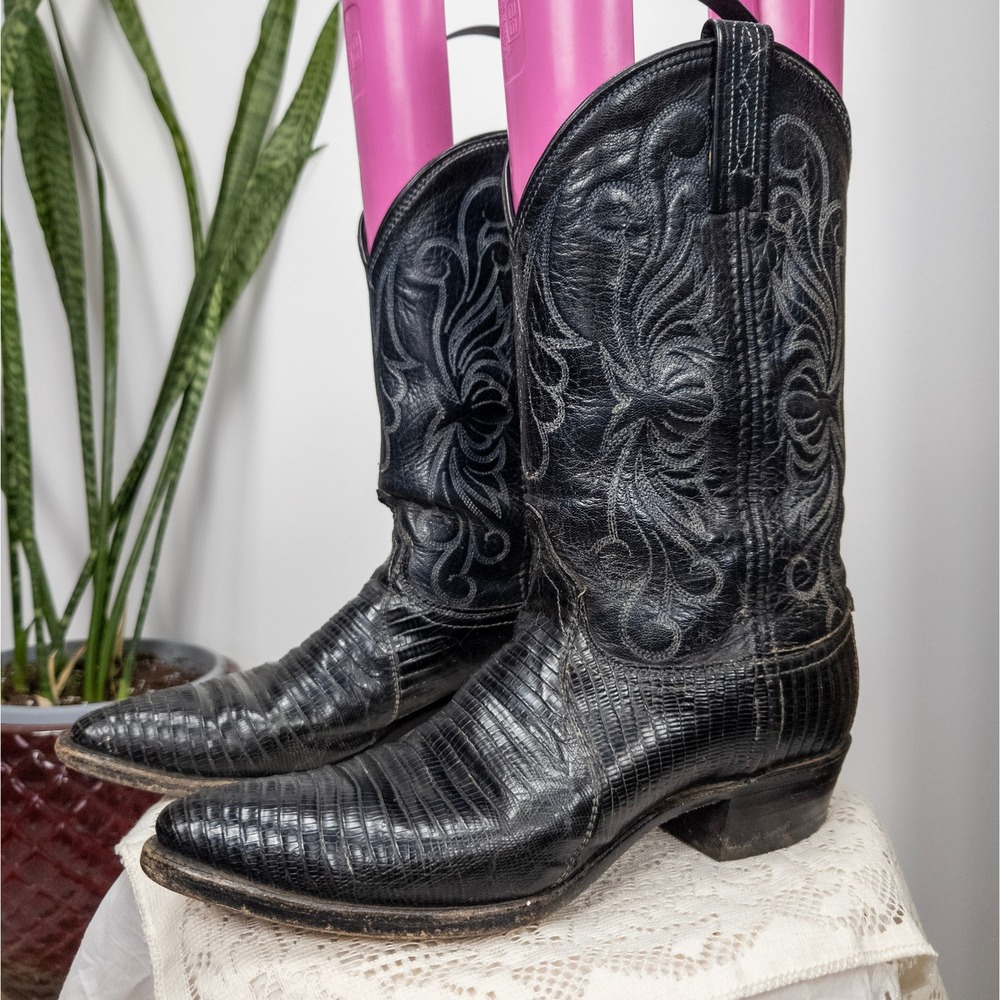Black Lizard Leather Western‎ Boots Snip Toe Dan Post Y2K Cowboy 7.5